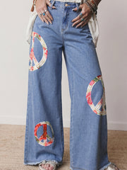 Myosotis Floral Peace Sign Embroidered Patch Wide Leg Jeans - Miniatuur