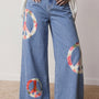 Myosotis Floral Peace Sign Embroidered Patch Wide Leg Jeans
