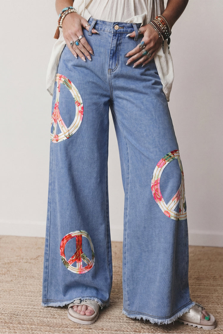 Vaqueros de pierna ancha con parche bordado con el símbolo floral de la paz de Myosotis - Damesmode