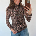 Khaki Leopard Héichhals laang Ärmel Western Slim Top - Foto 5