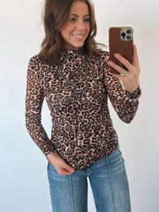 Camiseta slim western de manga larga de cuello alto y leopardo caqui - Miniatuur