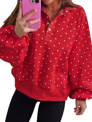Brown Polka Dot Print Metal Button Collar Casual Pullover Sweatshirt - Miniatuur