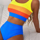 Bikini de cintura alta Blauw Colorblock Color Block de cuello cuadrado Geplooide de talle alto
