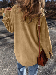 Chemise en velours côtelé beige français clair à boutons à boutons rapiécés - Miniatuur