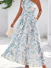 Sky Blue Floral Print Ruffled One Shoulder Vacation Maxi Dress - Miniatuur