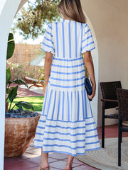 Sky Blue Stripe Ricrac Trim Notched Neck Half Sleeve Vacation Dress - Miniatuur