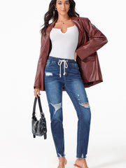 Dark Blue Elastic Waist Straight Leg Destroyed Raw Hem Jeans - Miniatuur
