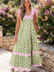 Vestido Maxi de tirantes nudos con estampado floral verde con detalles de nudo - Miniatuur