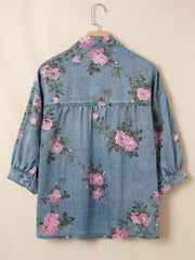 Blå armbånds-ærme med blomsterdenim skjorte - Kvindemode billede 3 - Miniatuur