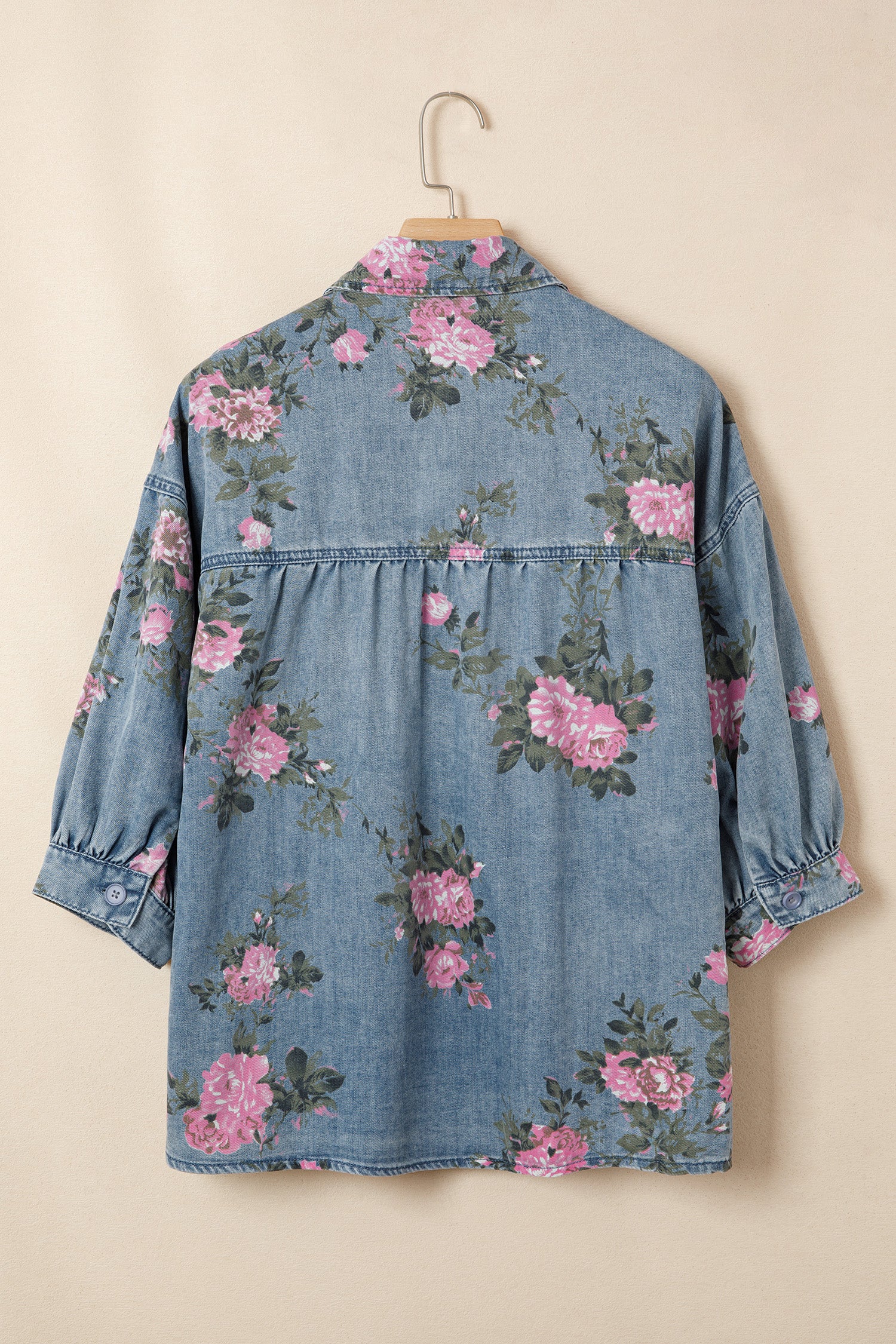 Blue Bracelet Sleeve Floral Denim Shirt - Women's Fashion Image 3