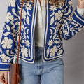 Blue Flower Print Open Front Buttoned Cuffs Elegant Jacket - Damesmode Afbeelding 3 - Foto 3