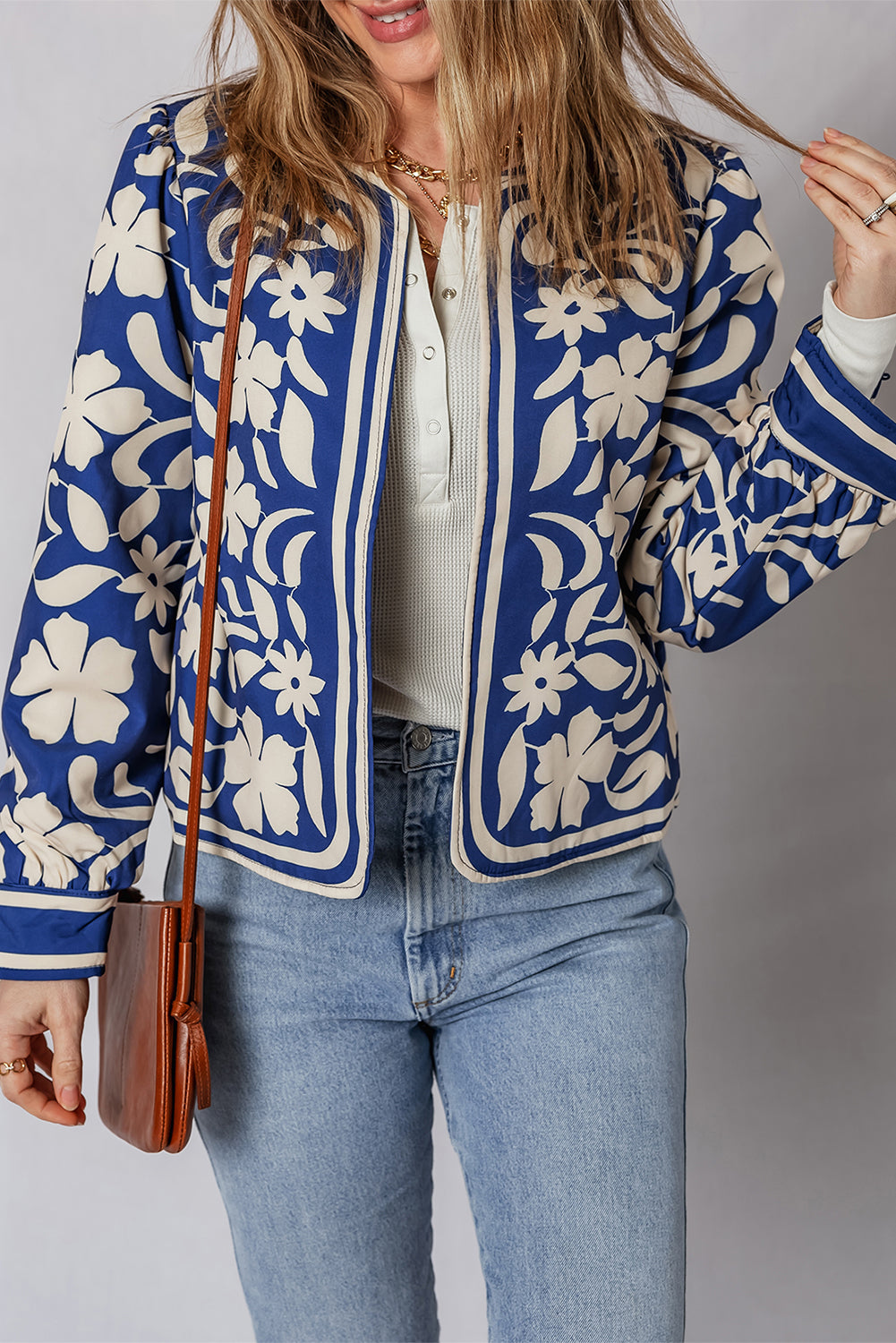 Veste élégante à motifs de fleurs bleues à motifs de fleurs ouvertes à l’avant boutonnées - Damesmode Afbeelding 3