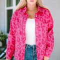 Pink Leopard Print Button Cuffs Raw Hem Jacket - Foto 4