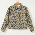 Khaki Retro Leopard Print Seam Detail Button Down Denim Jacket - Foto 3