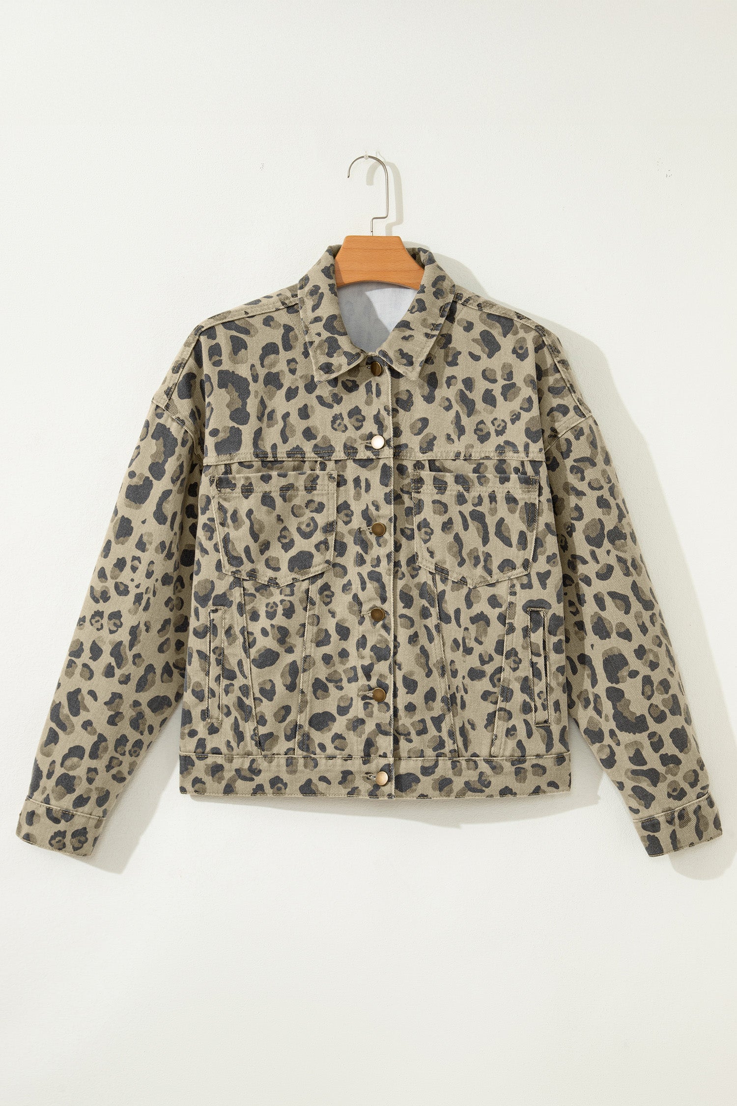 Khaki Retro Leopardenmuster Nahtdetail Jeansjacke mit Knöpfen