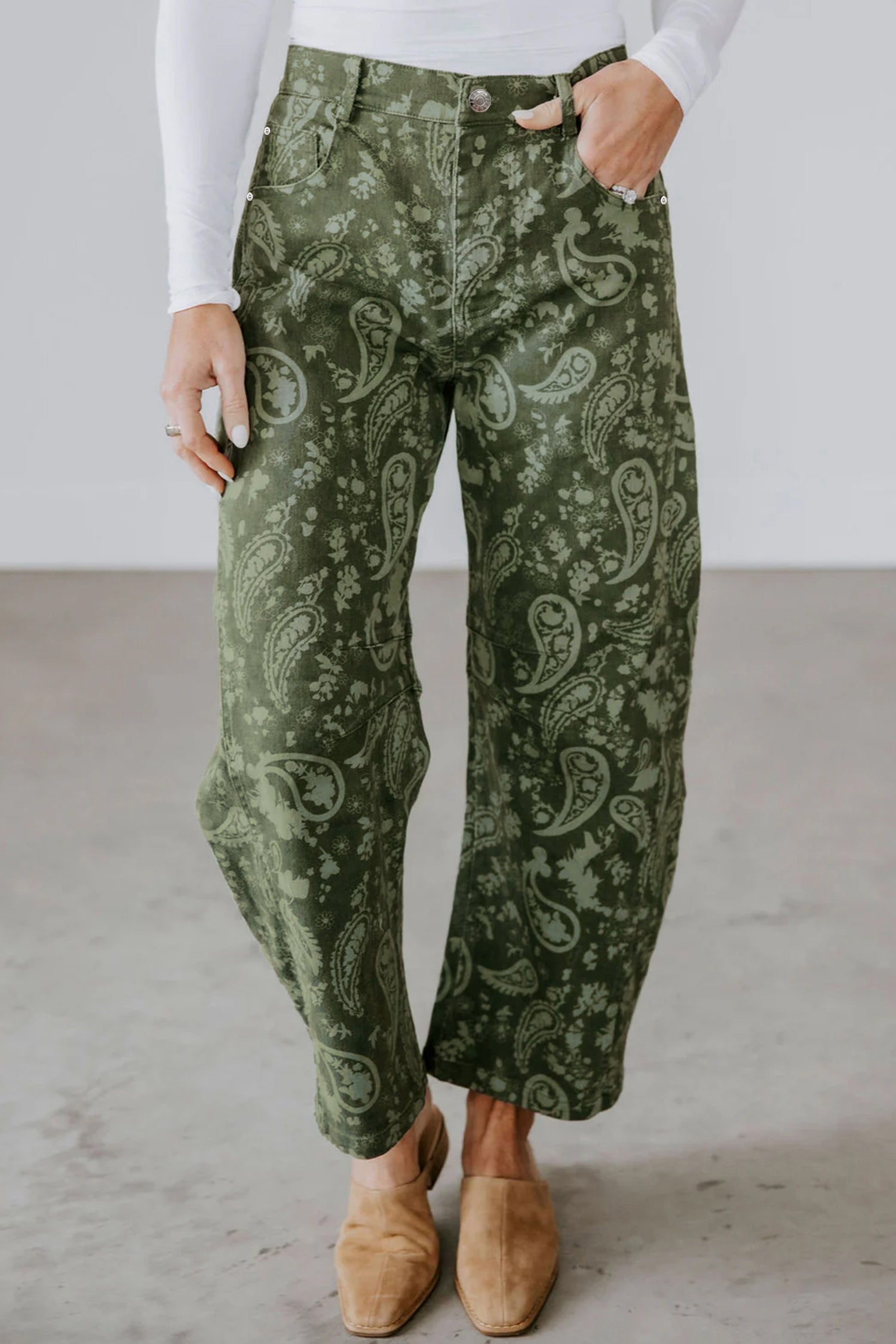 Pantaloni in jeans Harem con stampa paisley verde