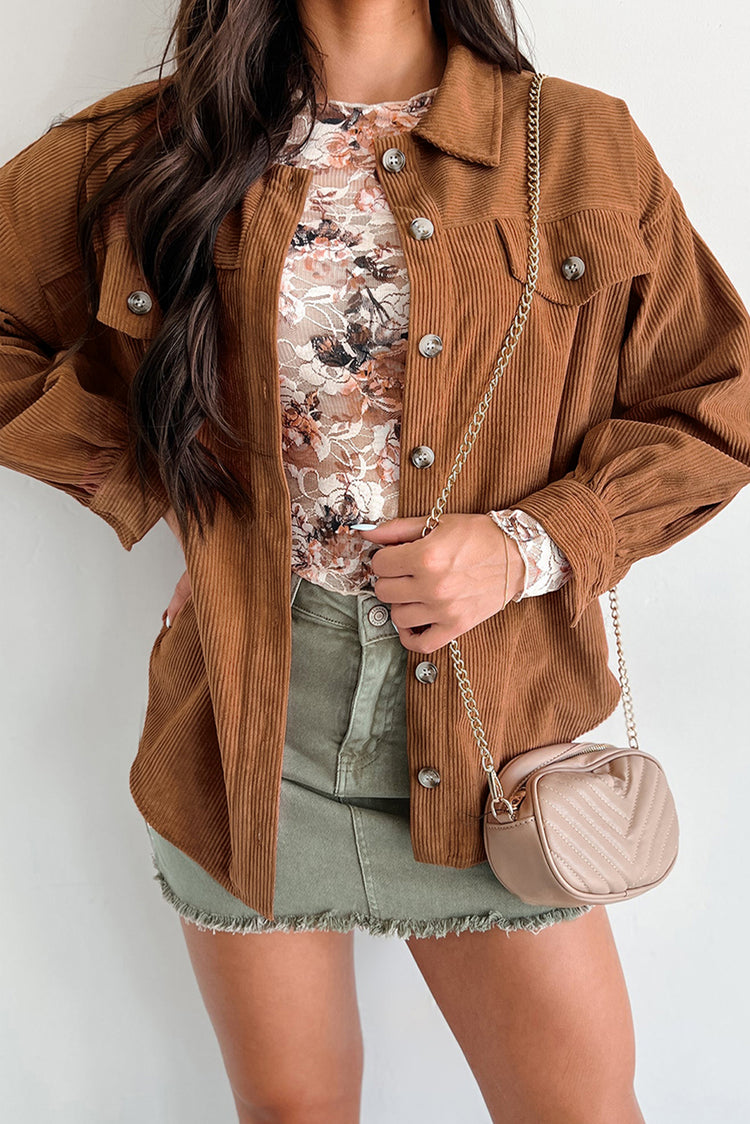 Cinnamon Corduroy Flap Pocket Button Up Round Hem Shacket - Damesmode