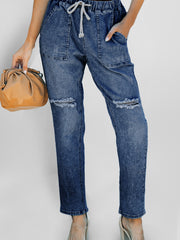 Jogger en jean en denim usé à poches bleu foncé - Miniatuur