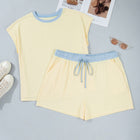 Clearly Aqua Plus Size Ribbed Color Block Trim Drawstring Shorts 2pcs Set - Thumbnail