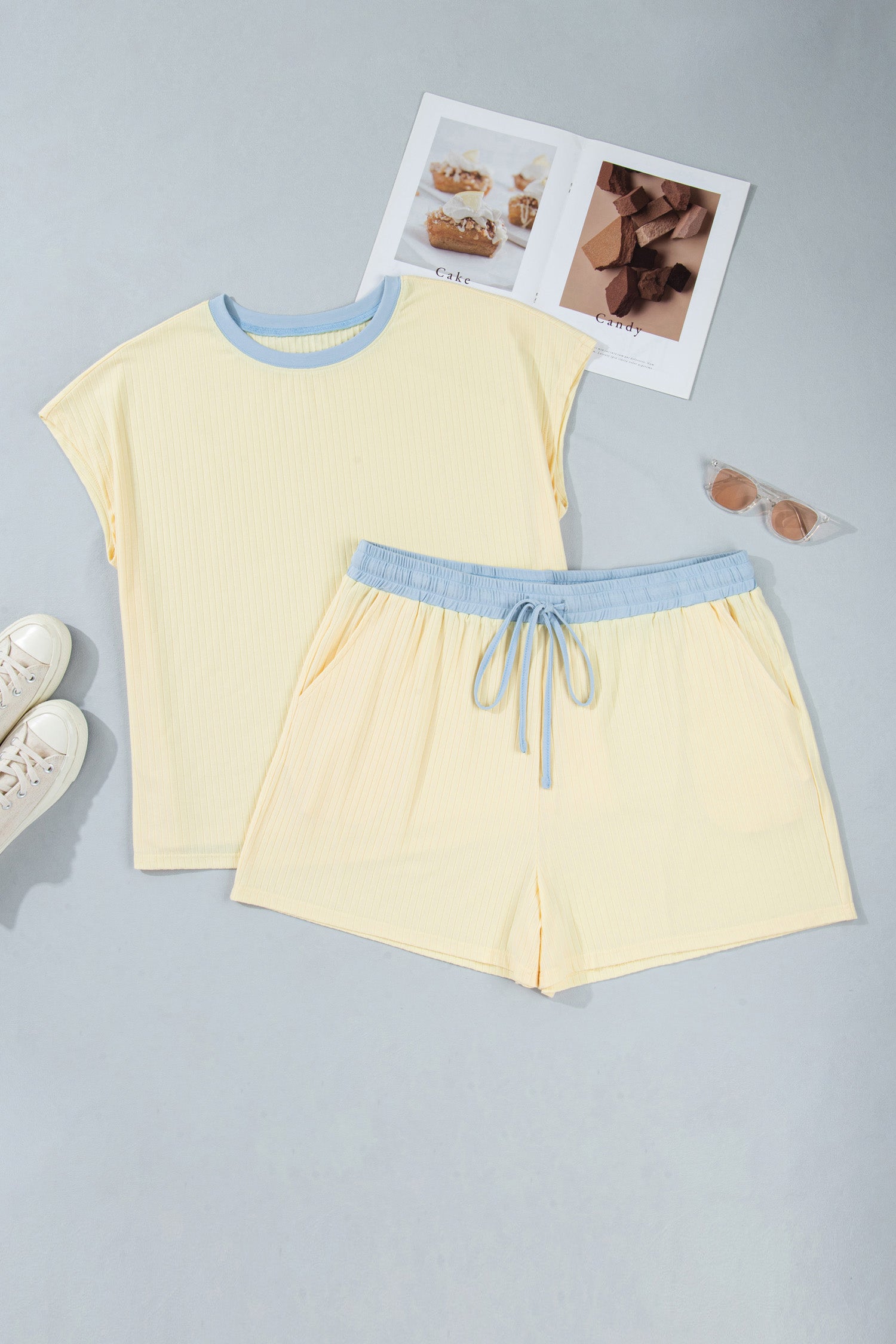 Clearly Aqua Plus Size Rippen-Farbblock-Trim-Kordel-Shorts 2-teiliges Set
