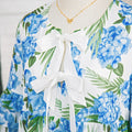 Himmelblaues Palm-Blumenmuster-Kontrast-Band-Knoten-Rüschen-Mini-Kleid mit gestuften Ärmeln - Foto 6