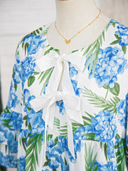 Sky Blue Palm Floral Print Contrast Ribbon Knot Ruffle Tiered Sleeve Mini Dress - Miniatuur