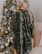 Jungle Green Velvet Long Sleeve V Neck Loose Dress with Pockets