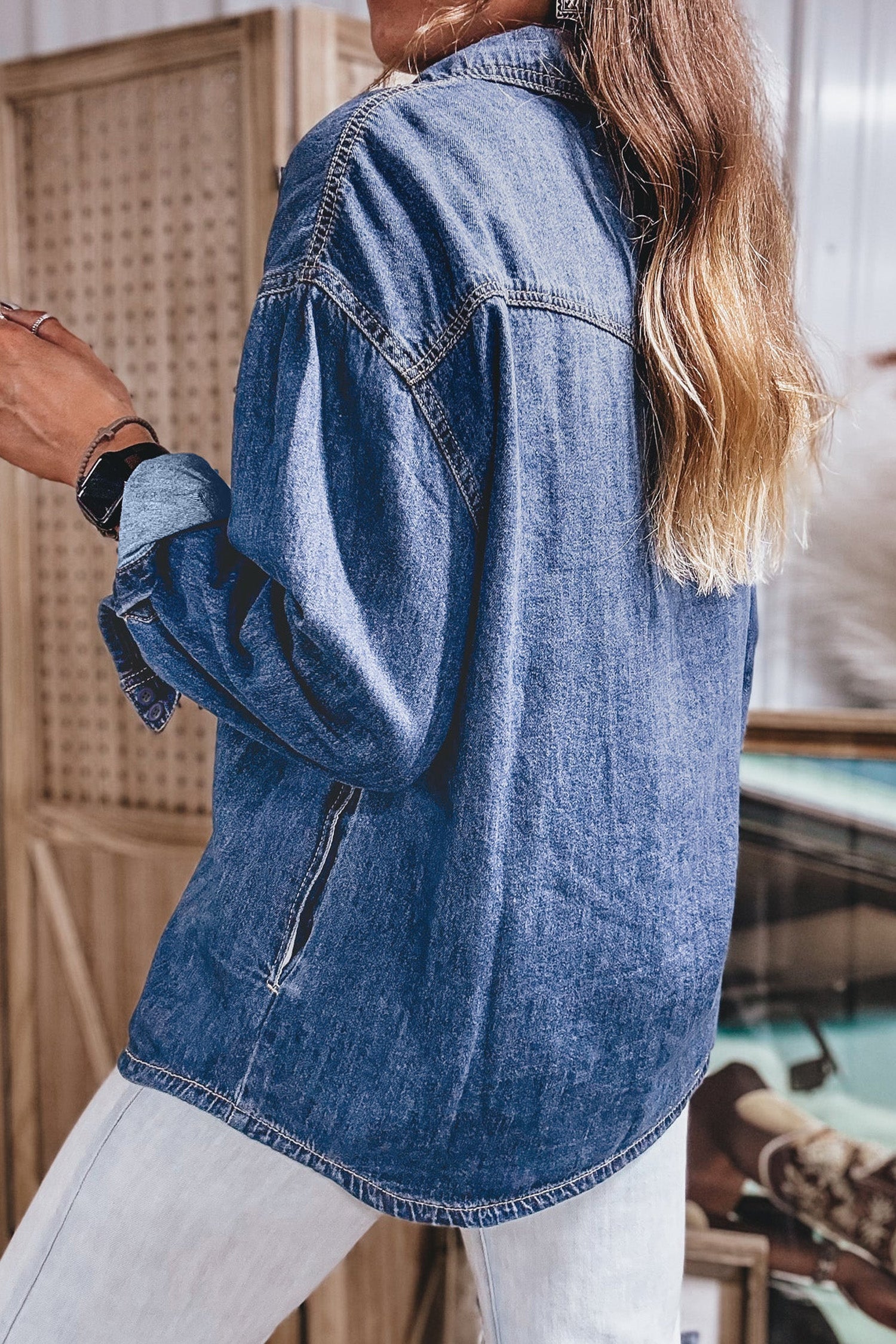 Chemise en jean à manches longues avec poches western, bleu bleu voile