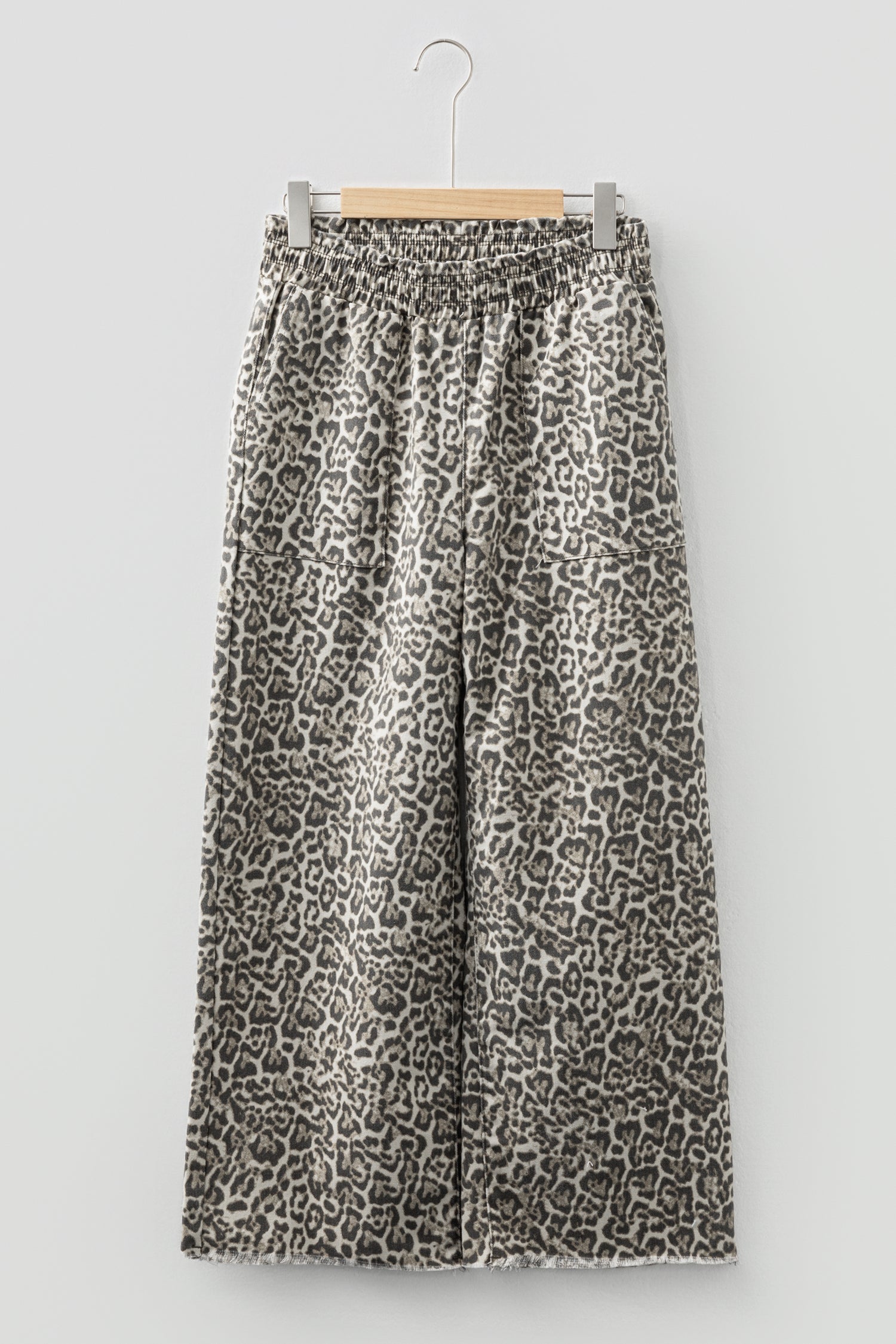 Brown Leopard Print Raw Hem Elastic Waist Loose Pull On Jeans - Damesmode Afbeelding 4