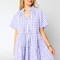 Lavendula Plaid Ruffle Breet Kuerzäerm Babydoll Mini-Kleed - Foto 3