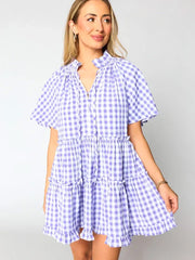 Lavendula Karo-Rüschen Weites Kurzarm-Babydoll-Minikleid - Miniatuur