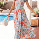 Abrikoos Bloemenprint V-Hals met Contrasterende Bies met Fladdermouwen Lange Maxi-Jurk
