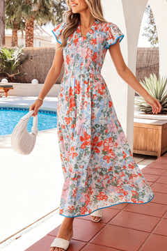 Apricot Floral Print V Neck with Contrasting Piping with Flutter Sleeves Long Maxi Dress - Redblad Damesmode