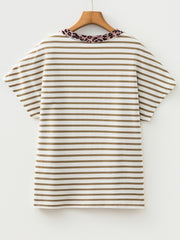 Khaki Stripe Leopard Patchwork Round Neck Loose T Shirt - Miniatuur