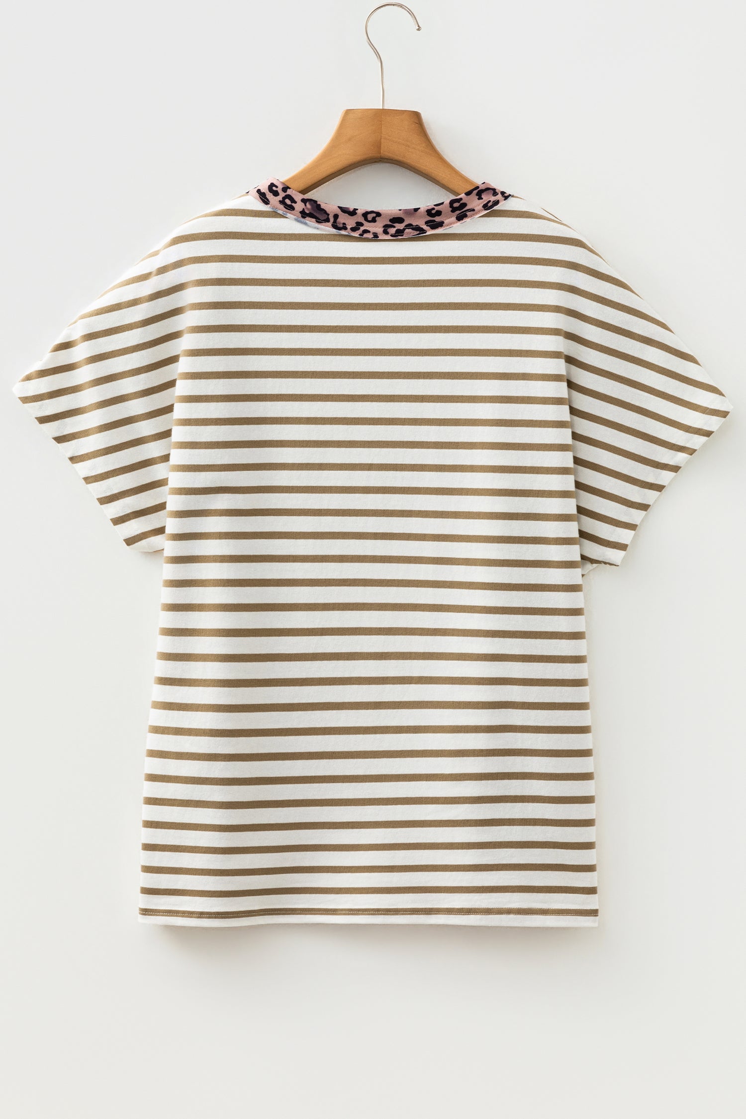 Khaki stribede leopard-lapværk rund hals løs T-shirt