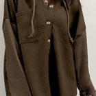Dark Brown Button Up Contrast Knitted Sleeves Hooded Jacket - Thumbnail