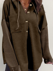 Dark Brown Button Up Contrast Knitted Sleeves Hooded Jacket - Miniatuur