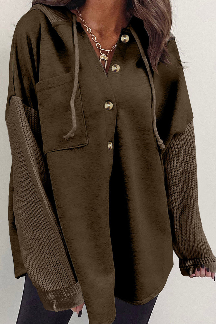 Dunkelbraunes Kontrasthemd mit gestrickten Ärmeln Kapuzenjacke - Damesmode