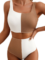 Pink Corded Colorblock Square Neck Bikini Swimsuit - Miniatuur