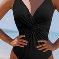 Black V Neck Twist Ruched Crisscross Backless One-Piece Swimsuit - Damesmode Afbeelding 1 - Foto 1