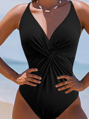 Black V Neck Twist Ruched Crisscross Backless One-Piece Swimsuit - Damesmode Afbeelding 1 - Miniatuur