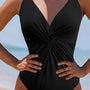 Zwart V Neck Twist Ruched Crisscross Backless One-Piece Swimsuit