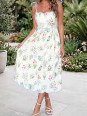 Pink Floral Print Contrast Trim Self-tie Straps High Waist Midi Dress - Miniatuur
