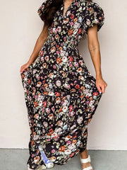 Schwarzes Floralmuster V-Hals-Falten-Stufen-Maxi-Kleid – Damesmode Afbeelding 3 - Miniatuur