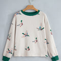 Beige Twisted Ribbed Duck Print Crewneck Casual Pullover Top - Damesmode Afbeelding 3 - Foto 3