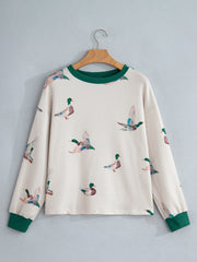 Beige Twisted Ribbed Duck Print Crewneck Casual Pullover Top - Damesmode Afbeelding 3 - Miniatuur
