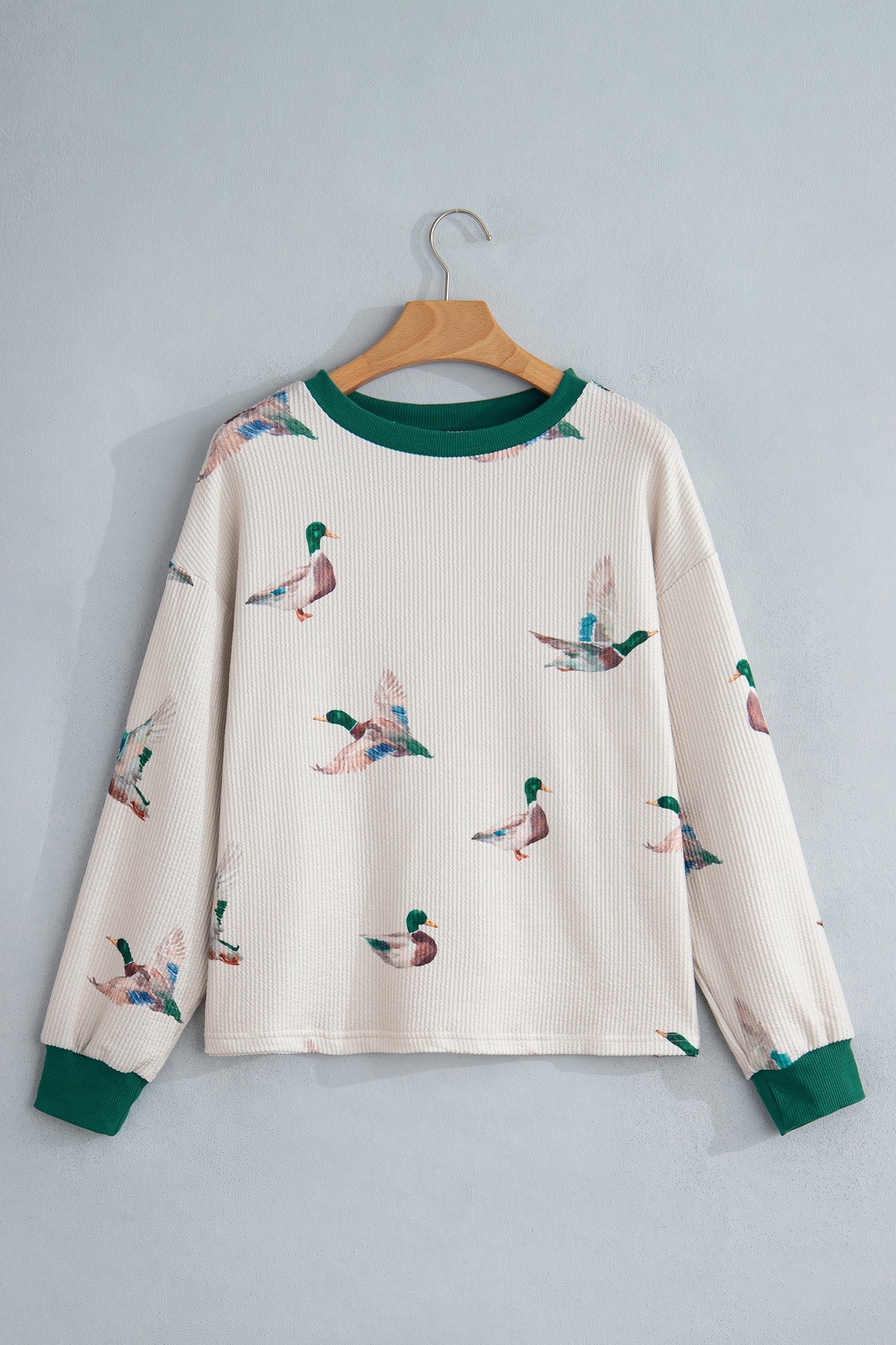 Beige Twisted Ribbed Duck Print Crewneck Casual Pullover Top - Women's Fashion Image 3