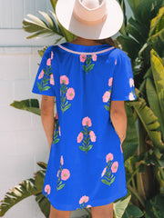 Rosé-Blumen-Kurzärmel-Split-Neck-Locker-Mini-Kleid - Miniatuur