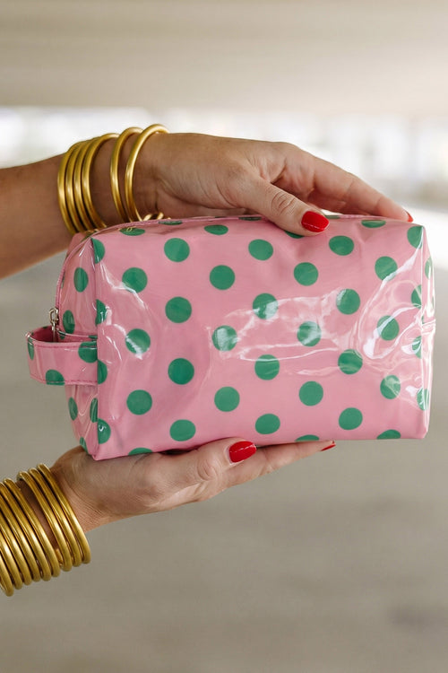 Trousse de maquillage à pois en PVC durable rose clair - Detail