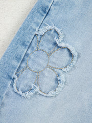 Beau Blue Flower Patched Light Wash Cropped High Waist Barrel Jeans - Damesmode Afbeelding 8 - Miniatuur